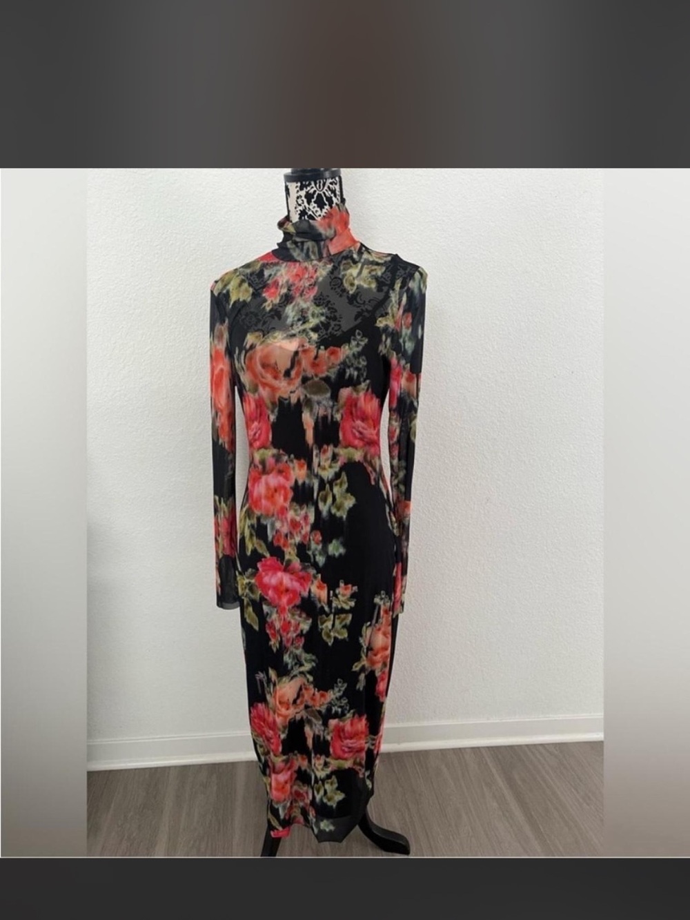 Steve Madden Floral Mesh Mock Neck Midi Dress Black Long Sleeve Bodycon Size M